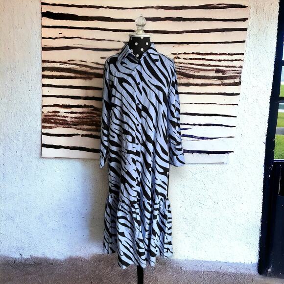 Zara Womens Dress Sz M Powder Blue Black Zebra Animal Print Shirt Long - Picture 6 of 12